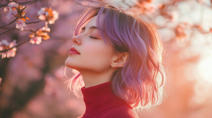 Fototapeta premium Purple hair woman in red ribbed necks closed eyes enjoy fresh air in park with cherry blossom