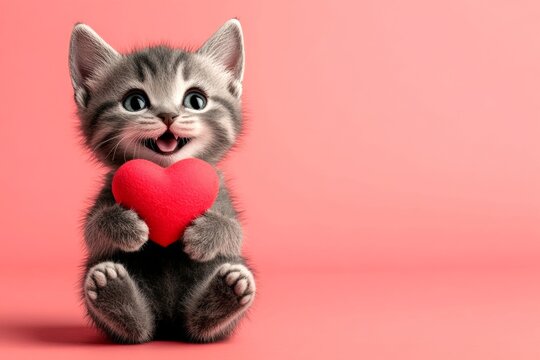 Ad campaign visual idea. Cute pixiebob baby feline cub with critter toy red heart - emblem of love, funny greeting card. Pixiebob - my treasured cat. Romantic pet love photo. Pet in love.