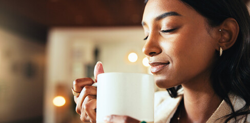 Coffee, aroma and woman in home with morning wellness for peace, calm and memory in living room....