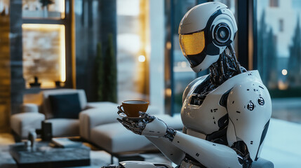 A highly advanced humanoid AI robot assisting an elderly person in a futuristic home, gently handing them a cup of tea