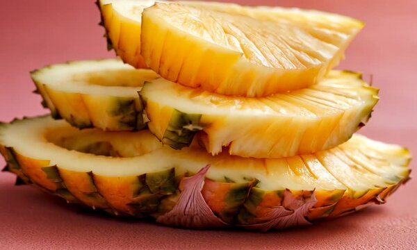This image features vibrant, fresh pineapple slices elegantly stacked on a soft pink background, showcasing the fruit&rsquo;s texture and tropical essence beautifully.