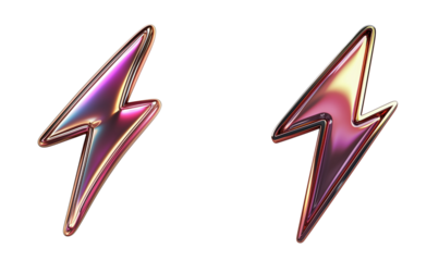 Iridescent Pink and Gold Lightning Bolt Symbols Energy Power Speed Icons, Isolated on Transparent Bakcground, Ai Generative Images