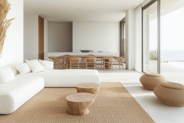 minimalist luxury interior with soft white couch, wooden chairs and sea view
