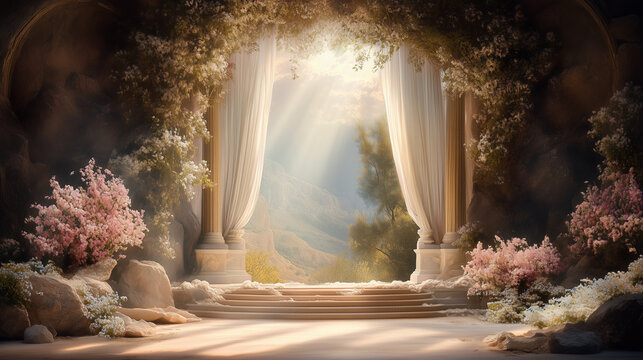 a massive temple curtain, torn from top to bottom, hanging in ruins with tattered edges, illuminated by a soft beam of divine light filtering through the darkness