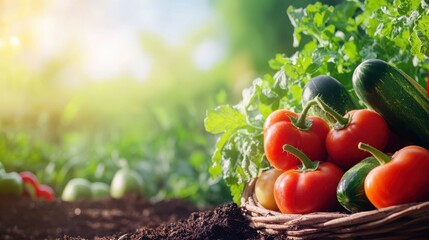 Harvest Bounty: A basket overflows with vibrant, freshly harvested vegetables, including plump red tomatoes, crisp cucumbers, and vibrant green peppers, set against a backdrop of lush green foliage.