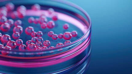 Colorful petri dish with pink beads on a reflective surface.