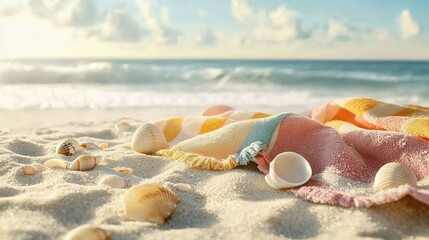Obraz premium Seashells and a Beach Towel on Sandy Shore