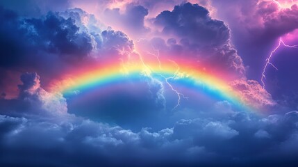 Fototapeta premium A dramatic rainbow cutting through a stormy sky, framed by lightning bolts in the distance,