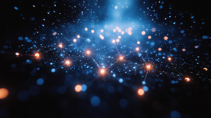 mesmerizing view of molecular structures in cosmic setting, showcasing vibrant blue and orange particles interconnected in network. image evokes sense of wonder and exploration in nanotechnology