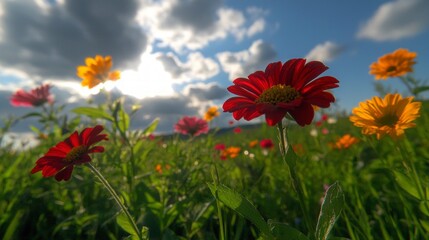 Vibrant Red And Yellow Wildflowers In A Sunlit Meadow