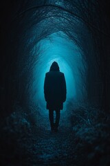 A mysterious hooded figure walks through a foggy, dense forest, surrounded by tall evergreen trees. The eerie atmosphere is enhanced by mist and dim lighting, evoking solitude and adventure