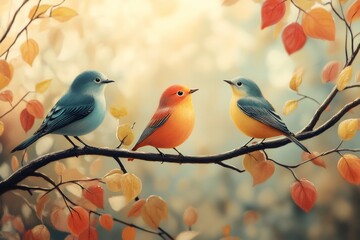 Obraz premium Three colorful birds perching on a branch during autumn