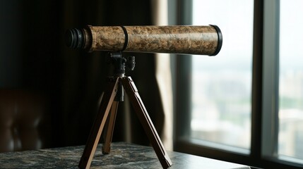 Vintage Wooden Telescope on Tripod Near Window