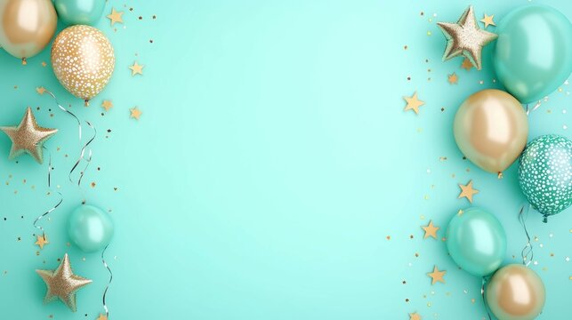 Aqua and Gold Celebration: A festive arrangement of mint green and gold balloons, confetti, and stars creates a delightful border on a light teal background, perfect for celebrations, invitations.