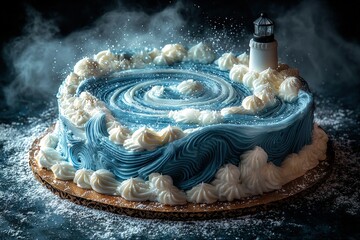 Wave-themed cake with whipped frosting and decorative lighthouse in misty atmosphere