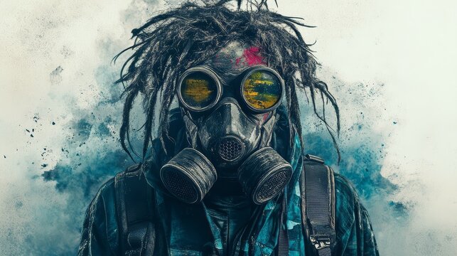 Apocalyptic survivor with gas mask and goggles amidst dust storm