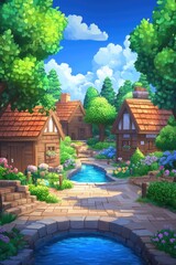 Obraz premium Idyllic village scene with charming houses, cobblestone path, and a flowing stream under sunny skies.