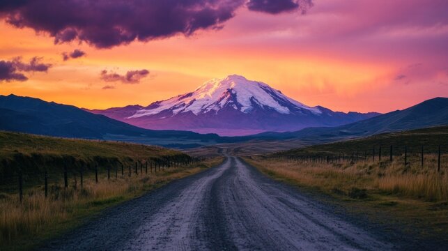 Majestic snow-capped mountain at sunrise, vibrant skyscape view