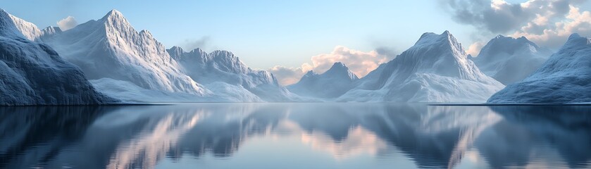 A breathtaking panorama of snow-capped mountains reflecting in a tranquil lake under a clear blue sky, capturing the serene beauty of nature in a pristine wilderness.
