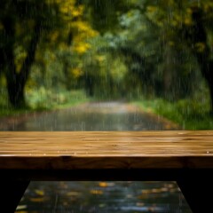 Obraz premium Wet Wooden Bench in a Rainy Autumn Park