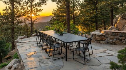Fototapeta premium Outdoor Dining Set at Sunset Overlooking Scenic Nature