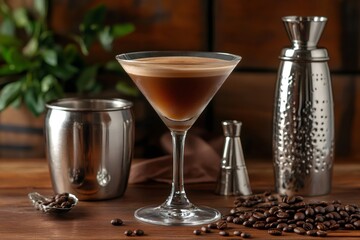 Espresso martini cocktail standing on wooden table with coffee beans, jigger and shaker