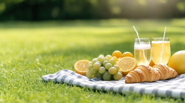 Bright picnic setup on green grass features fresh fruits, croiss