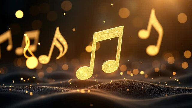 Gold note on a dark background. Musical notes floating