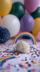White Cake Smash with Rainbow Decorations and Pastel Balloons