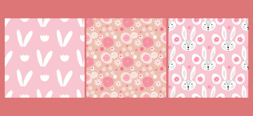 Happy Easter  template  seamless patterns set  with  rabbit, easter egg , spring flowe