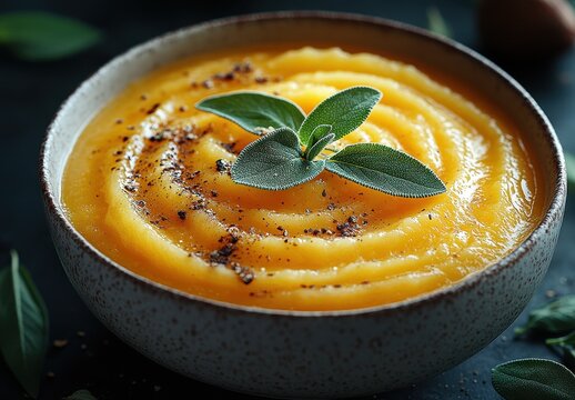 Creamy pumpkin soup with sage in white bowl on dark wooden surface
