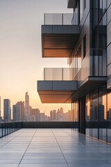 Fototapeta premium A modern balcony overlooks a city skyline at sunset, showcasing sleek architecture and a vibrant urban atmosphere.