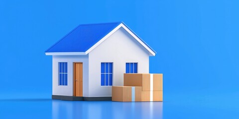 Cartoon house model with cardboard boxes, symbolizing moving, delivery, or homeownership.