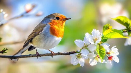 Fototapeta premium Beautiful spring landscape with cherry blossom flowers and a robin bird. Abstract floral background with soft morning sunlight and delicate pastel colors, symbolizing renewal and nature’s beauty.