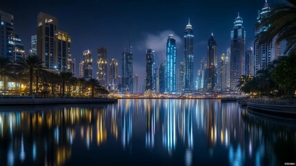 Obraz premium A stunning nighttime cityscape featuring skyscrapers illuminated by colorful lights, reflecting beautifully on the calm water below.