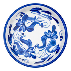 Hand-painted blue and white ceramic bowl with floral pattern, isolated on white background, ideal for traditional tableware and artistic decor.