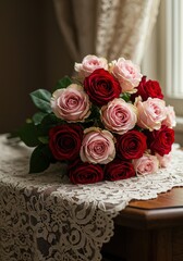 Rose Bouquet on Lace Tablecloth - Romantic Floral Arrangement
