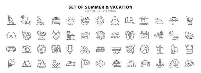 Summer set of web icons in line style. Summer vacation icons for web and mobile app. Travel, beach, tourism, summer holidays, hotel, relax, beach, luggage, passport, sunglasses. Vector illustration
