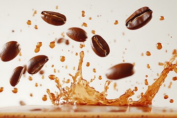 Fototapeta premium A dramatic shot of coffee beans falling into coffee, creating an explosive splash, captured in ultra HD with perfect clarity and a white backdrop.