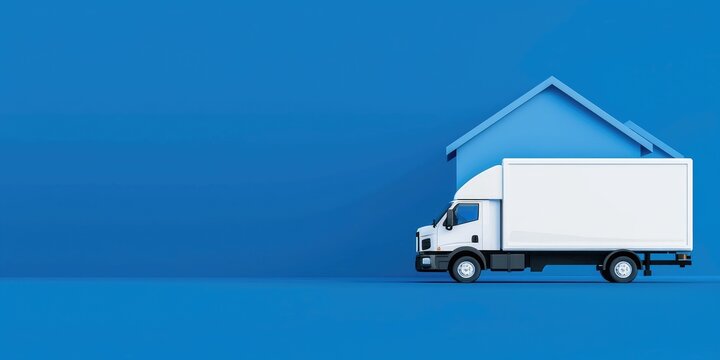 White moving truck and blue house illustration against blue background.