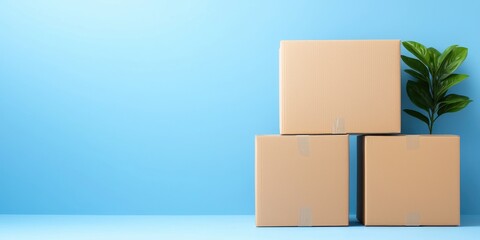 Three stacked cardboard boxes with a plant on a blue background.