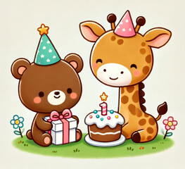 Naklejka premium A cartoon of a bear and giraffe celebrating birthday with a gift and cake.