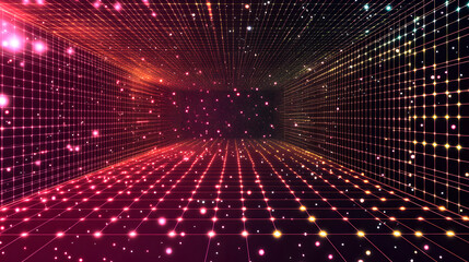 Obraz premium Abstract Neon Grid Tunnel with Glowing Particles and Stars
