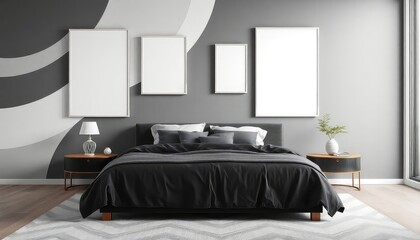 Dynamic master bedroom with geometric spirals and a blank white a4 frames mockup hanging on the wall.