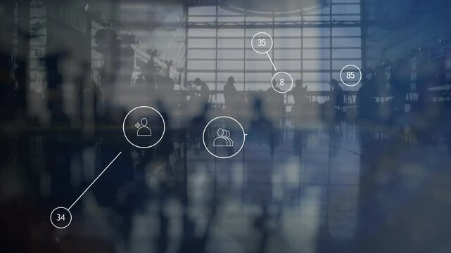 Schematic concept of a global concession against the background of translucent silhouettes of moving people in a large hall. Cg
