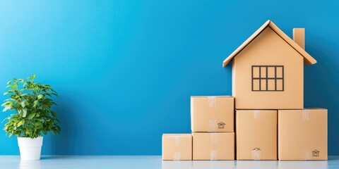 Cardboard house model sits atop stacked moving boxes, beside a potted plant against a blue wall.