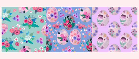 Happy Easter  template  seamless patterns set  with  rabbit, easter egg , spring flowe