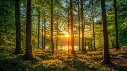 Vibrant Forest Sunrise Reflection Over Tranquil Lake