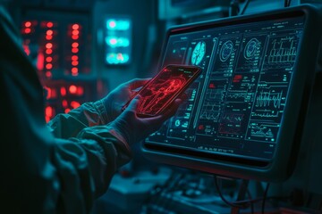 Smart medical doctor interacting with a modern computer interface, depicting a future digital engineering healthcare equipment concept