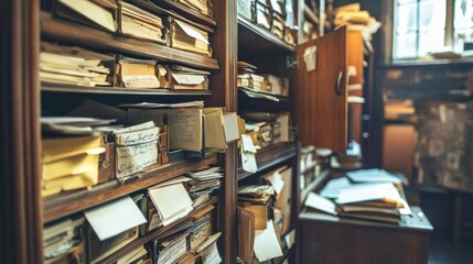 Vintage wooden library cabinet filled with old documents and paperwork
